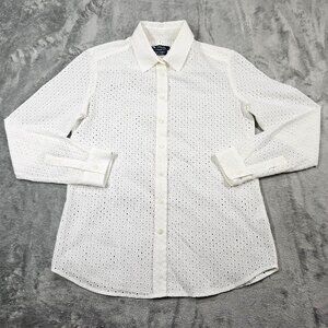 Poeta Top Womens Small White Eyelet Lace Cotton Button Up Feminine Blouse